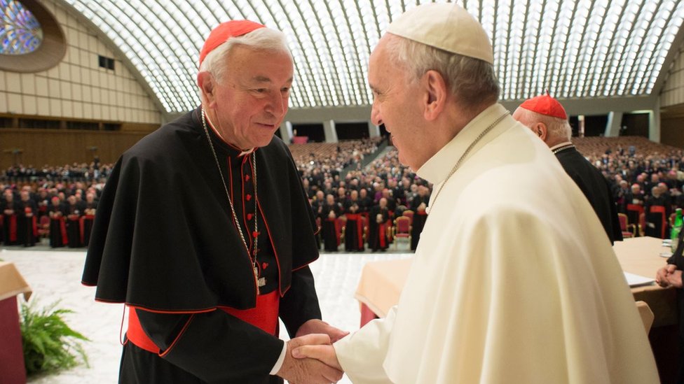 Кардинал Винсент Николс (слева) пожимает руку Папе Франциску.