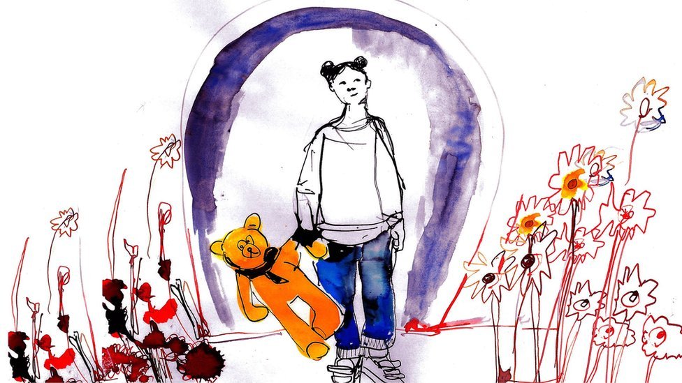 Ilustración de una niña con su osito