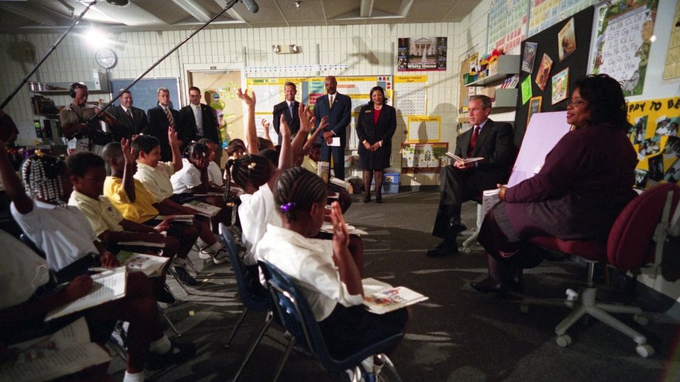 George W. Bush participates in a reading demonstration the morning of Tuesday, Sept. 11, 2001, at Emma E. Booker Elementary School in Sarasota, Florida.