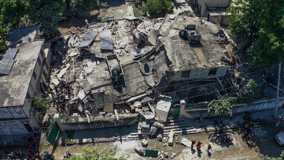 A drone photograph of the damage caused by a 7.2 magnitude earthquake in Les Cayes