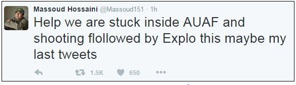 Массуд Хоссайни пишет в Твиттере: «Помогите, мы застряли внутри AUAF и стреляем, а затем взрываемся, это, возможно, мои последние твиты»