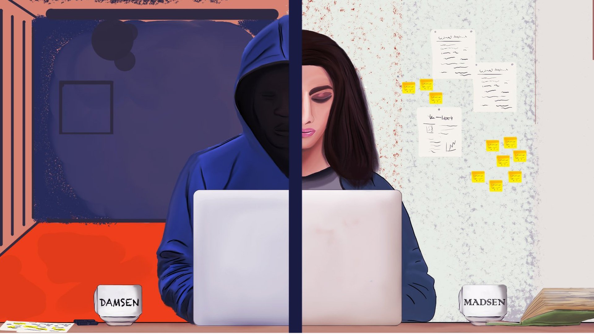 Иллюстрация Мишель Мэдсен за ноутбуком на одной половине изображения и фигура с капюшоном, представляющая Мишель Дамсен, на другой.