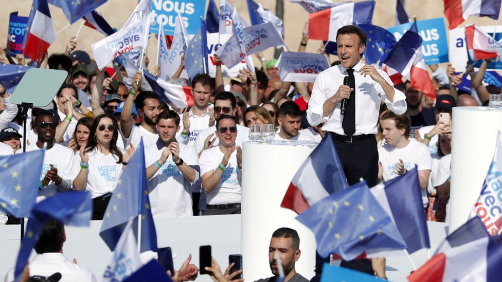Emmanuel Macron holds a campaign rally in Marseille, France, 16 April 2022.