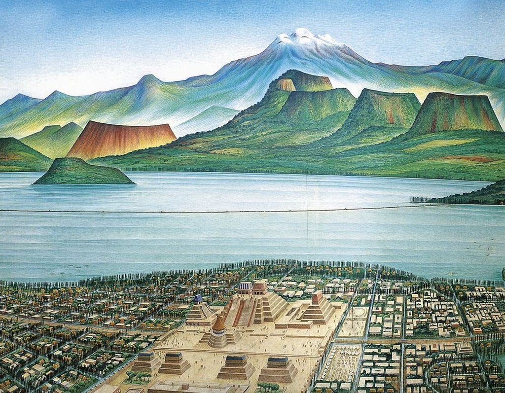 Este dibujo muestra una vista panorámica de Tenochtitlan y del llamado "Valle de México".