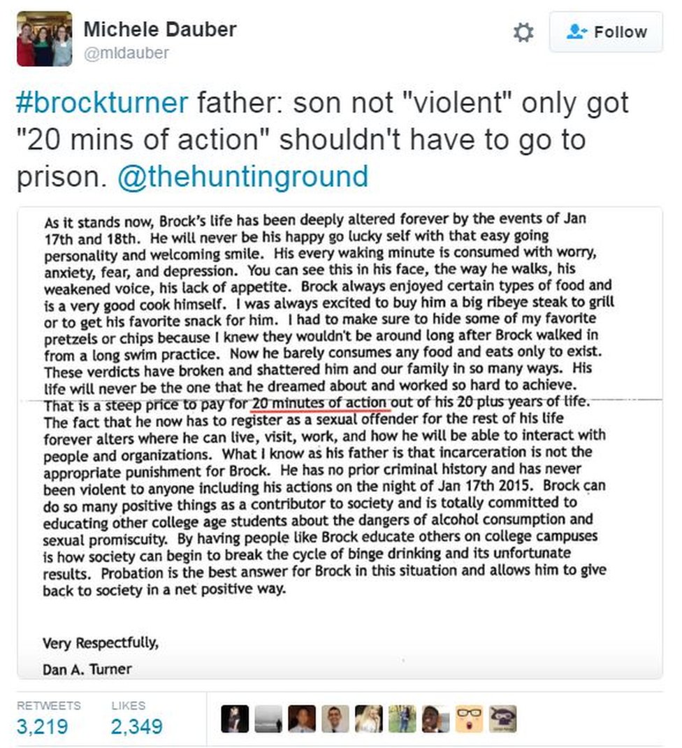 Снимок экрана пользователя Twitter Мишель Даубер гласит: «Отец #brockturner: сын не« жестокий », только получил« 20 минут действия », и ему не нужно сесть в тюрьму»