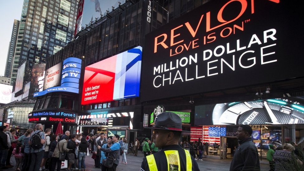 Revlon logo on Fifth Avenue in New York.