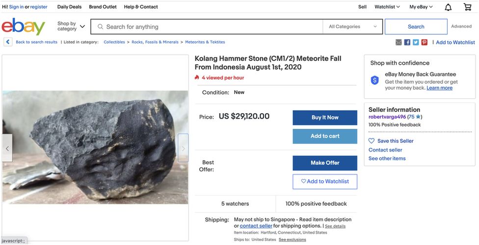 Ebay screenshot listing a piece of the meteorite