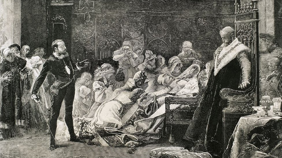 Ilustracija smrti kraljice Gertrude u Šekspirovom Hamletu