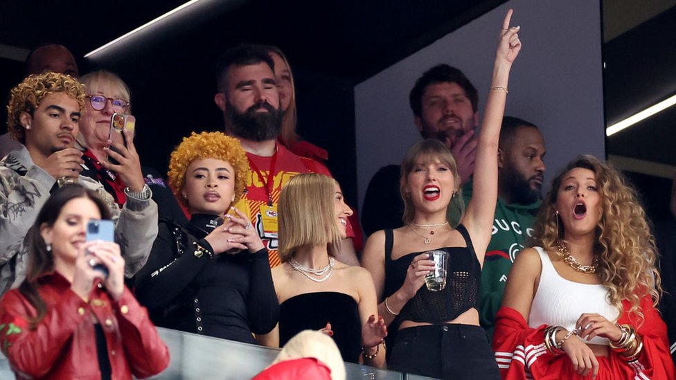 Rapper Ice Spice, Singer Taylor Swift and Actress Blake Lively react prior to Super Bowl LVIII between the San Francisco 49ers and Kansas City Chiefs at Allegiant Stadium on February 11, 2024 in Las Vegas, Nevada