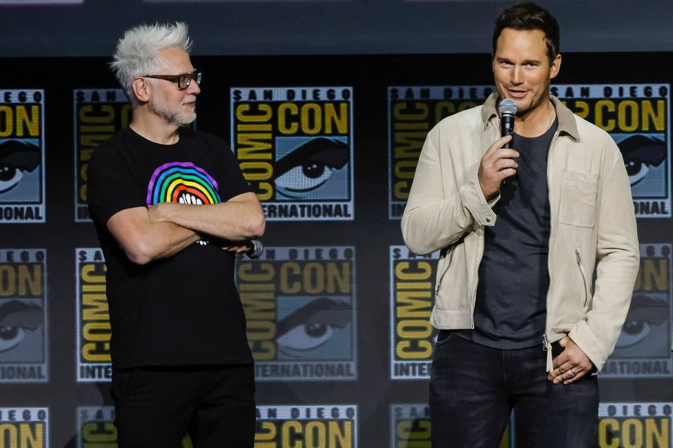 James Gunn and Chris Pratt on stage at San Diego Comic-Con