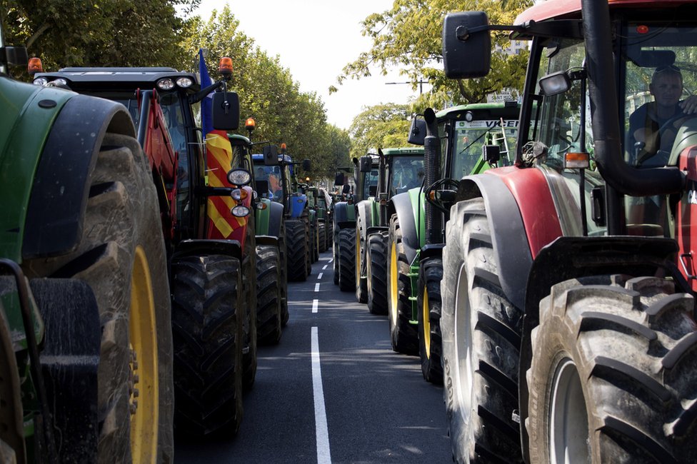 Las manifestaciones proreferendo con tractores en Cataluña han sido apodadas "tractoradas". Protestas con tractores in Lleida, Cataluña, el 23 de septiembre.