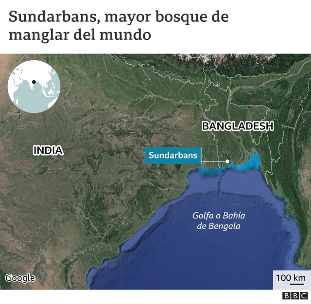 Mapa que muestra al delta de Sundarbans, India, Bangladesh y el Golfo de Bengala