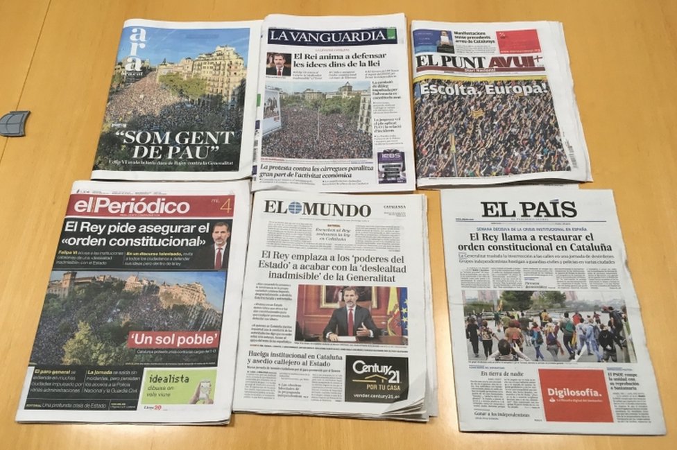 Las protestas de los catalanes fueron la primera plana de los periódicos regionales, pero no de los españoles. Portadas de periódicos catalanes y españoles.
