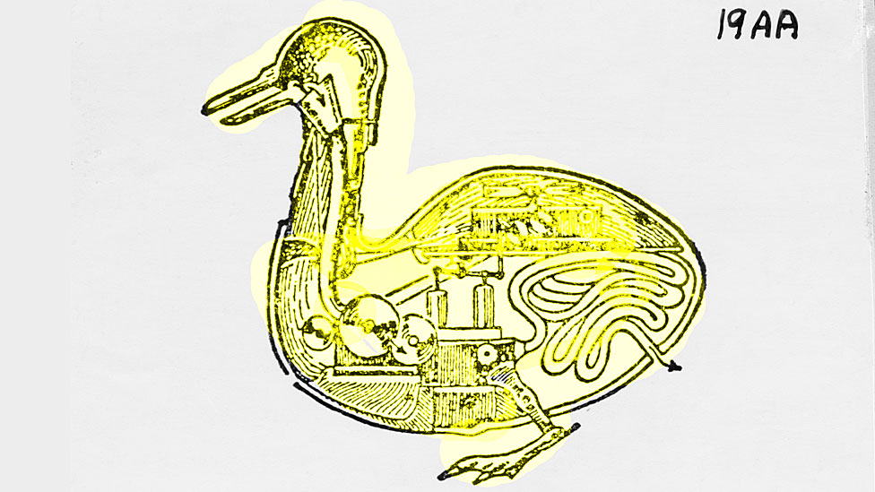 Diagrama del pato mecánico hecho por Jacques de Vaucanson, que recogía granos con su pico, los digería y los expulsaba.