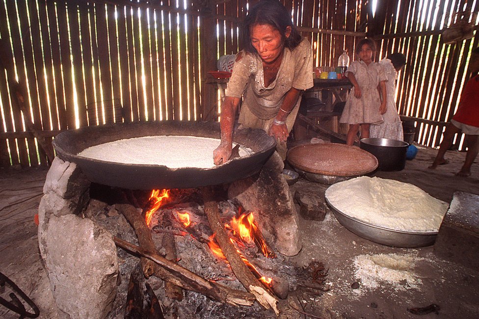 Una mujer en la aldea brasileña de Bannibas preparando casabe de yuca.