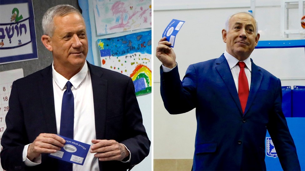 Benny Gantz y Benjamín Netanyahu se dan por ganadores.