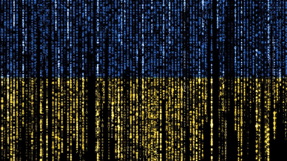Ukraine flag made out of computer code