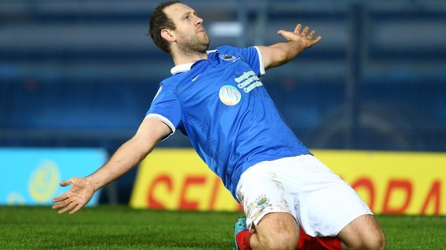 Guy Bates celebrates his winner against Ballymena United in the Irish Cup
