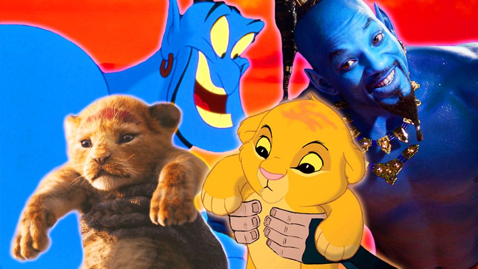 The Simba and the Genie from the originals and remakes of The Lion King and Aladdin