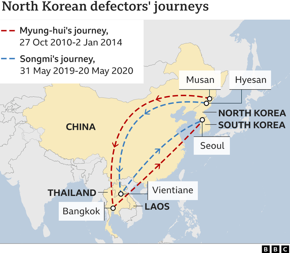 A map of the different routes Songmi and her mother Myung-hui took