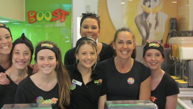 Janine Allis with her staff at Boost juice bar