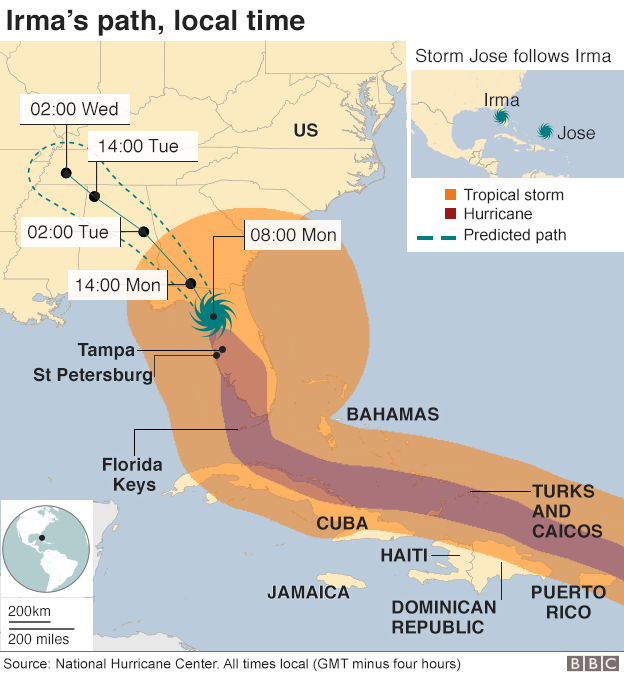 Карта, показывающая предполагаемый путь урагана Ирма.