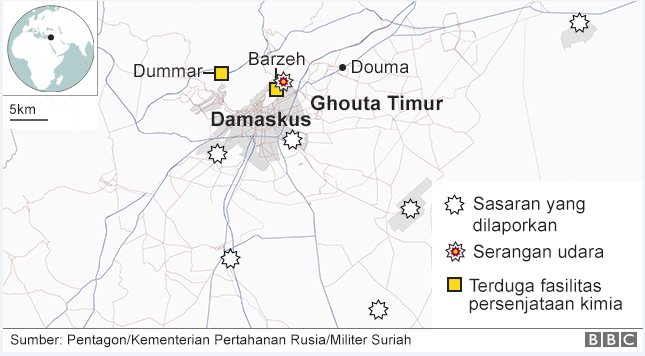 Map showing where strikes are reported to have hit Syria on 14 April 2018