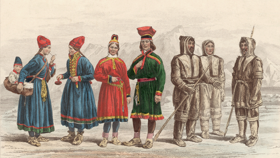 En esta imagen de 1799 se puede ver a los habitantes de la región ártica: dos sami suecos y dos sami noruegos junto con tres inuits o esquimales. Sami e inuits en 1799