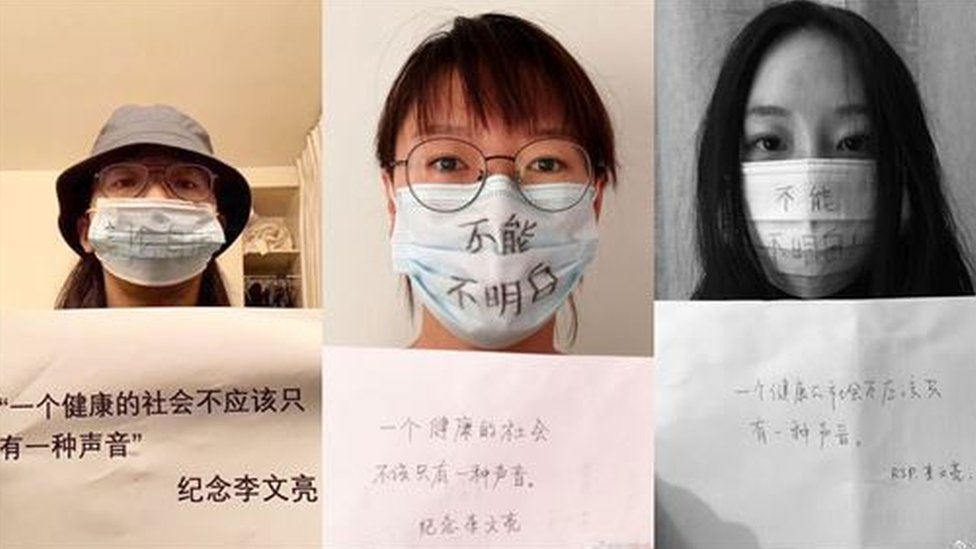 Usuarios muestran con máscaras su enfado por la muerte del doctor Li.
