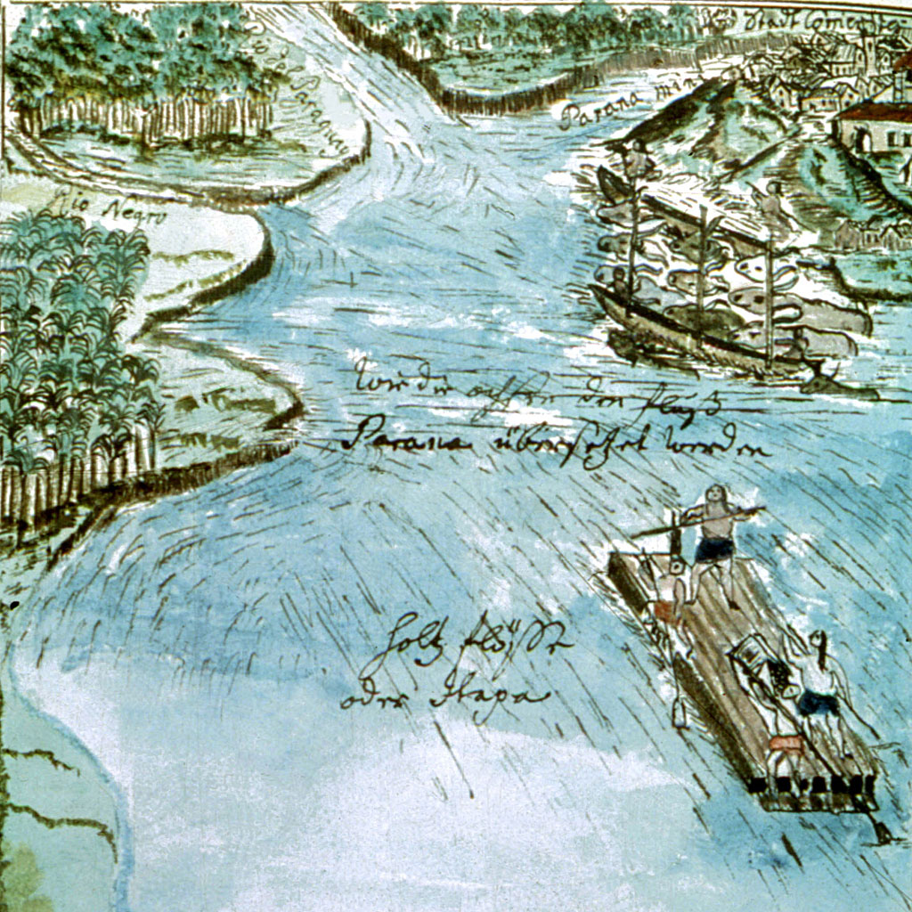 Ilustración con guaraníes en barca y ríos de Florian Baucke