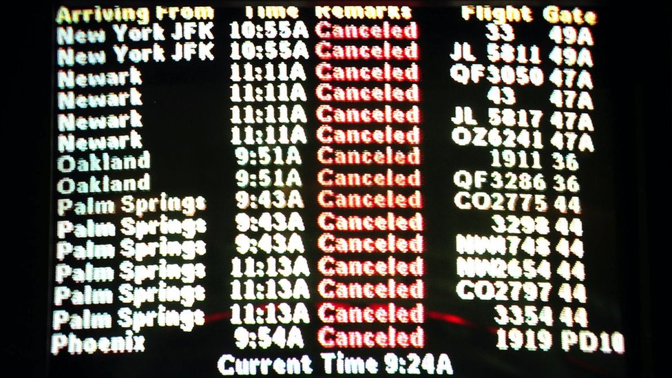 An arrival board at the Los Angeles Airport 11 September 2001 displays cancelled flights around the nation as the attacks unfolded