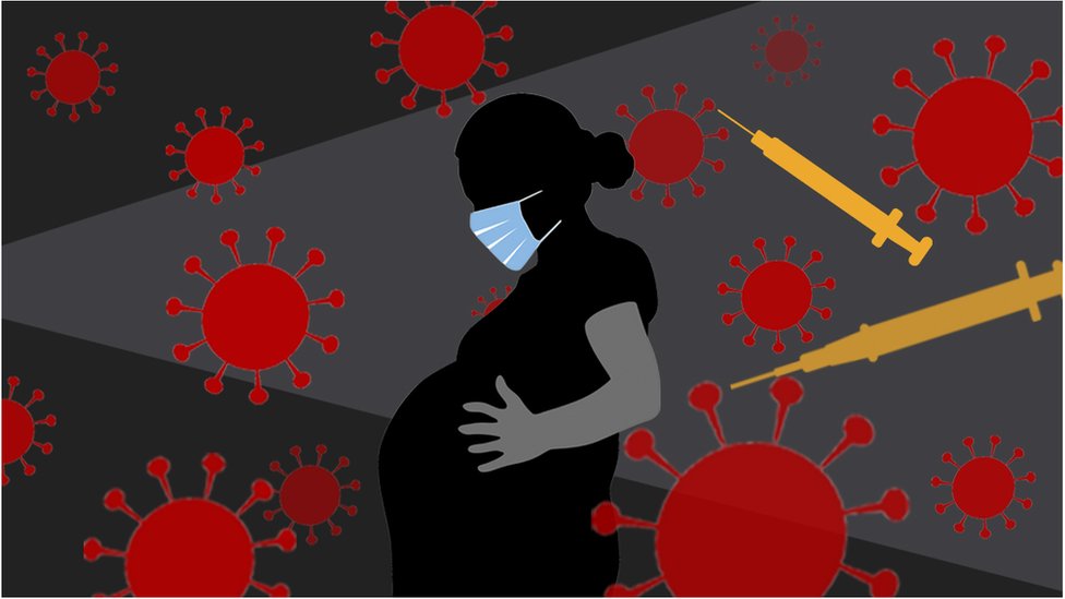 Ilustração de uma mulher grávida com uma máscara facial olhando para baixo enquanto segura a barriga em primeiro plano e ícones de vacinas e o coronavírus ao fundo