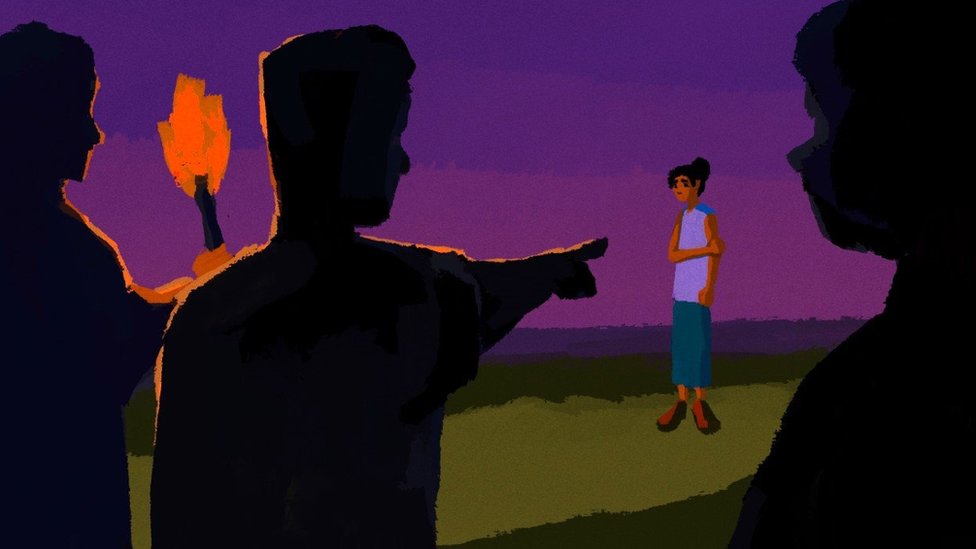 An illustration of people in shadows with lit torches pointing at a lone woman