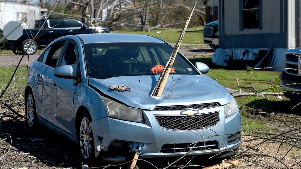 Damage to a vehicle from a tornado is in Rolling Fork, Mississippi, 25 March