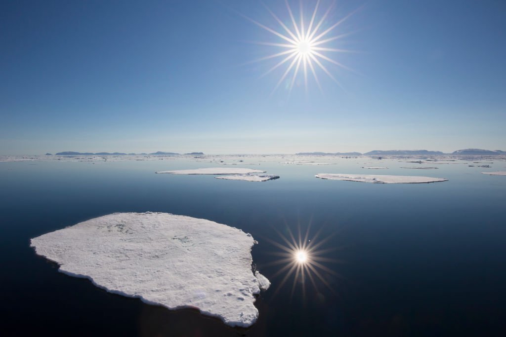 The midnight sun in the Arctic Ocean.