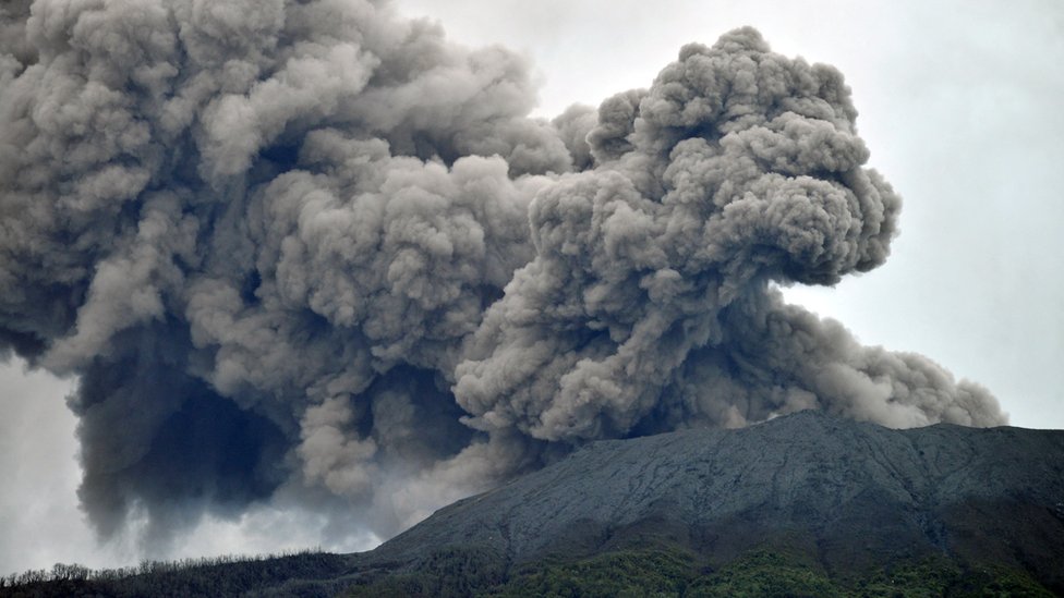 Mount Marapi volcano spews volcanic ash as seen from Nagari Batu Palano in Agam, West Sumatra province, Indonesia, 4 December 2023