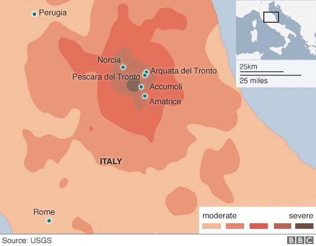 Карта с указанием городов, пострадавших от землетрясения, и их близости к Перудже и Риму