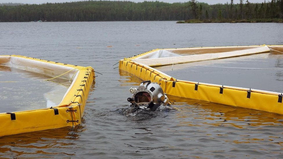Un buzo coloca sacos de arena bajo el agua para asegurar las balsas necesarias para el experimento Boreal. Buzos trabajan en el corral para el experimento