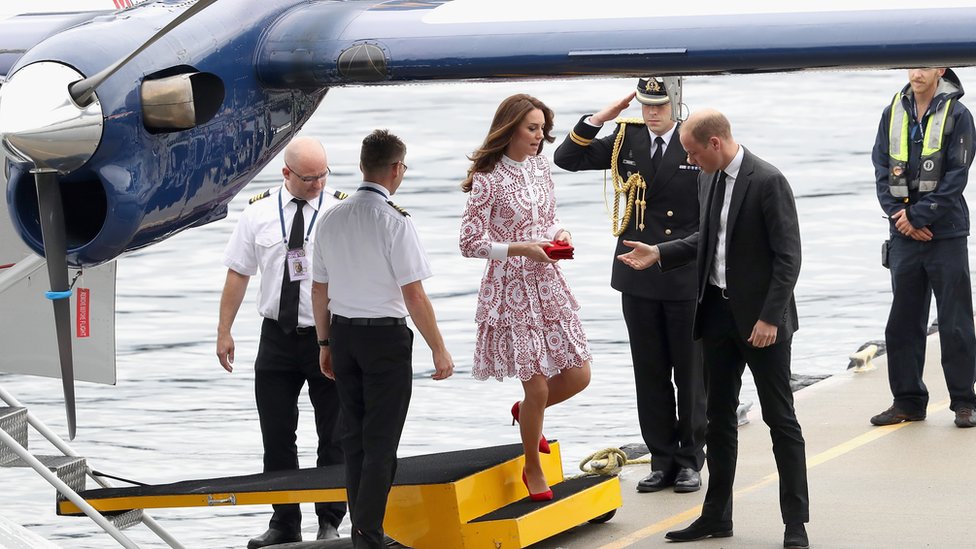 Catherine, Duchess of Cambridge and Prince William, Duke of Cambridge after they arrive by sea plane at the Vancouver Harbour Flight Centre on 25 September 2016 in Vancouver, Canada.