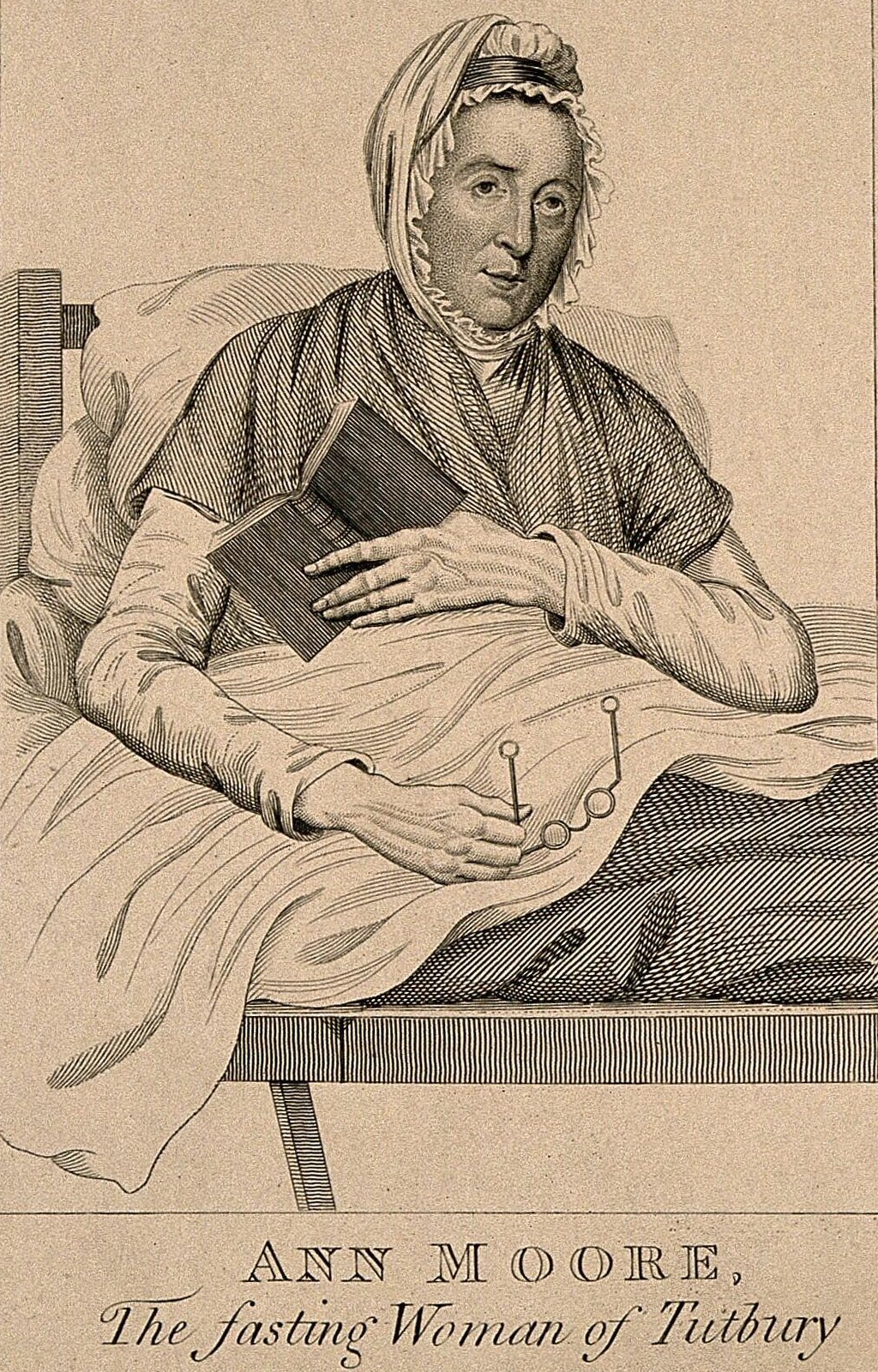 Ann Moore, una mujer que ayuna fraudulentamente, de 58 años. Grabado, 1813.