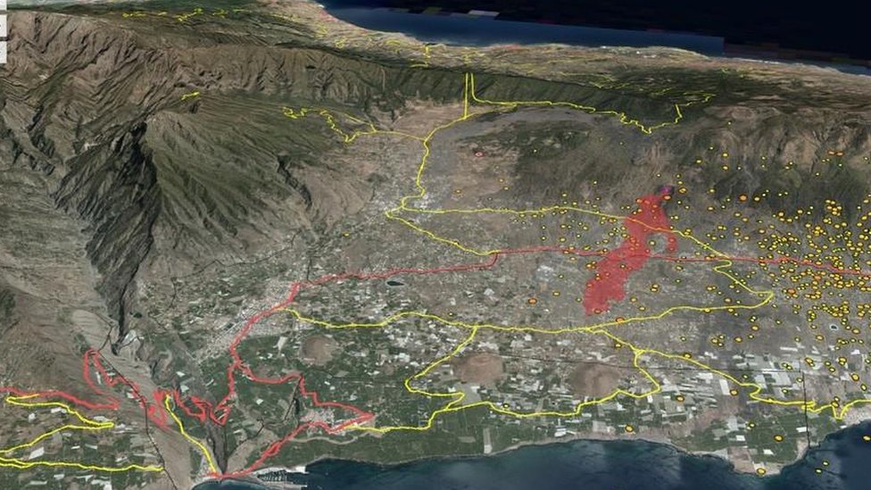 Imagem de satélite mostra caminho da lava (em vermelho)