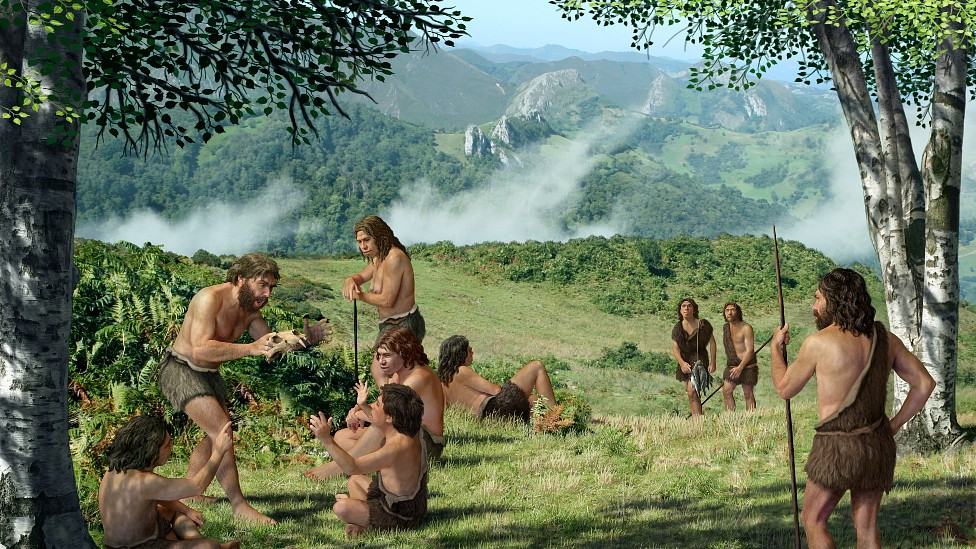 Ilustración de una comunidad neandertal