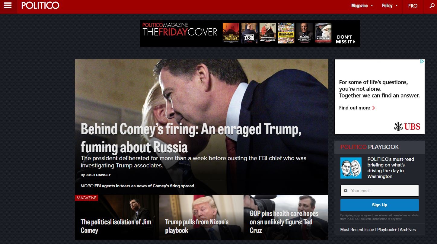 Скриншот веб-сайта Politico с заголовком «За увольнением Коми: разъяренный Трамп, разгневанный на Россию».