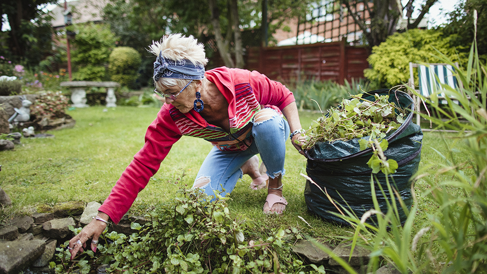 Una mujer mayor haciendo jardinería