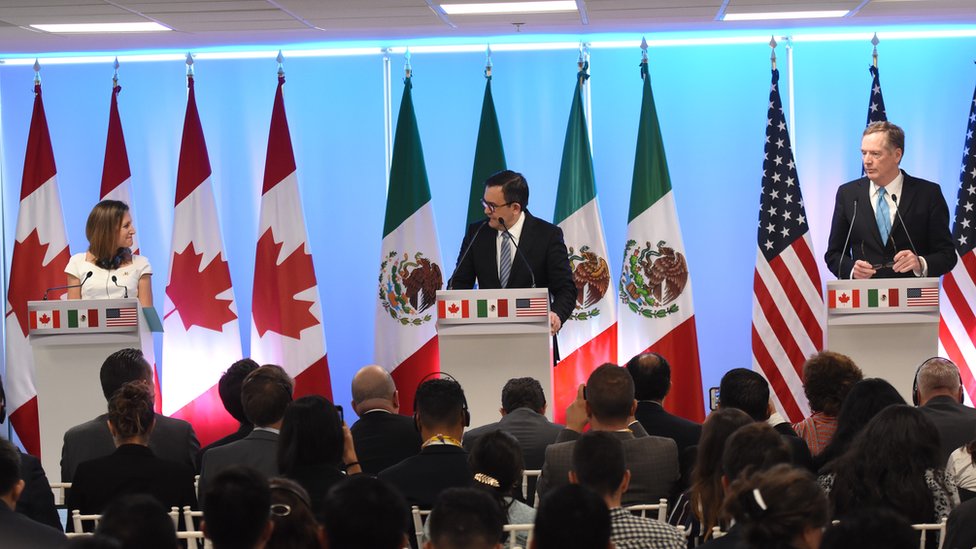 Ministra de Relaciones Exteriores de Canadá, Chrystia Freeland; Secretario de Economía de México, Ildefonso Guajardo Villarreal y Representante de Comercio de Estados Unidos, Robert Lighthizer.