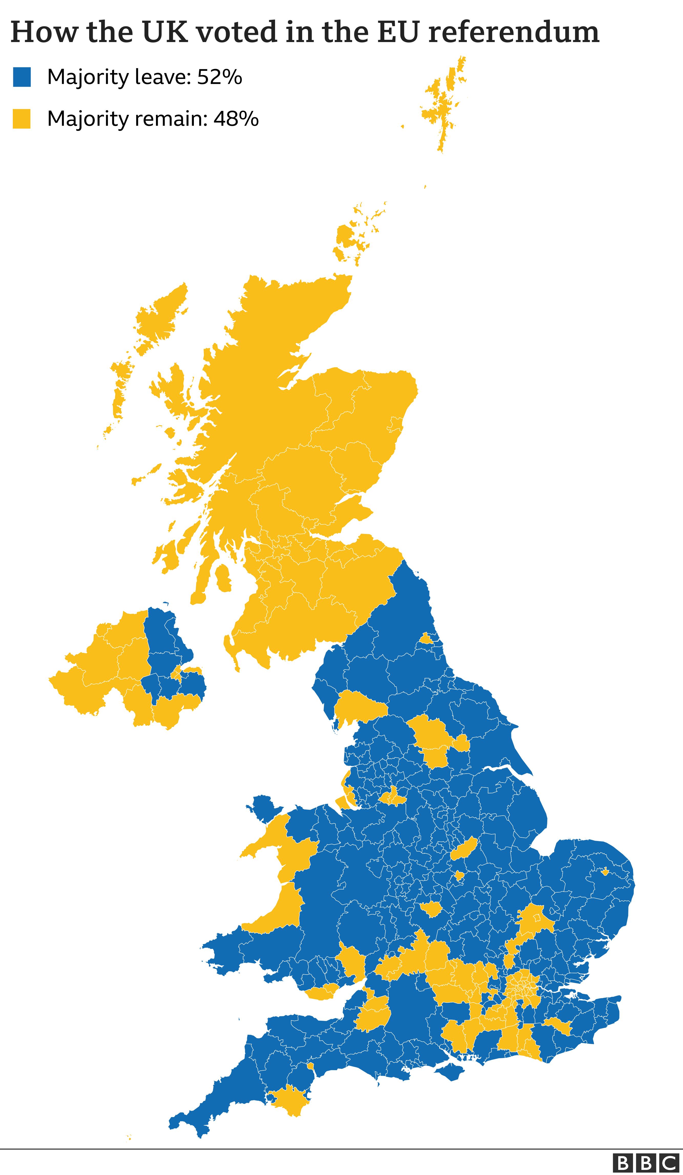 UK map showing which parts of the country voted for and against Brexit