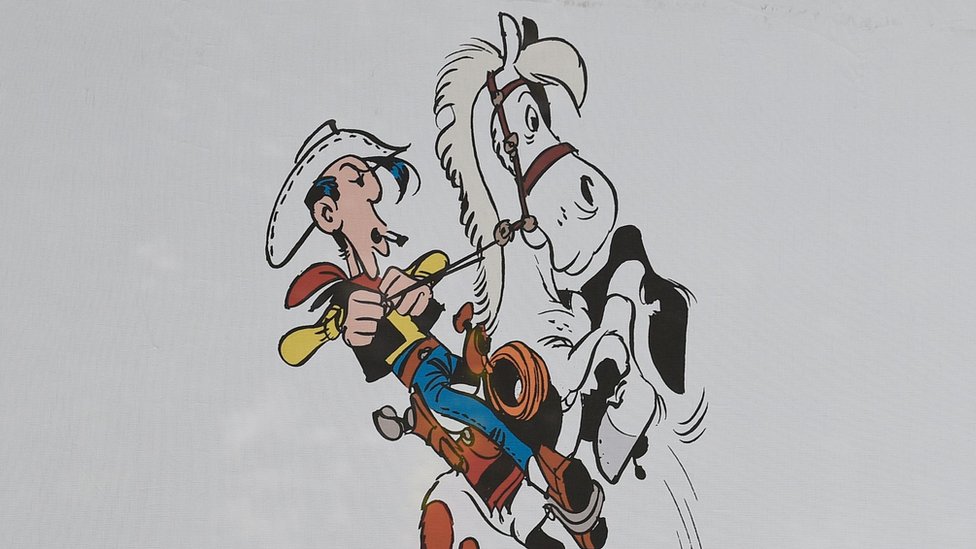 Иллюстрация мультяшного ковбоя Счастливчика Люка на лошади