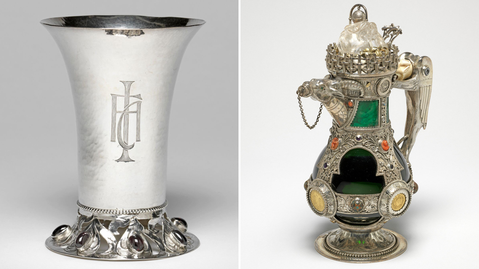 Серебряный стакан Чарльза Эшби 1900 г .; Стеклянный и серебряный графин William Bruges 1865