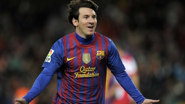 Barcelona's Lionel Messi celebrates after breaking the record