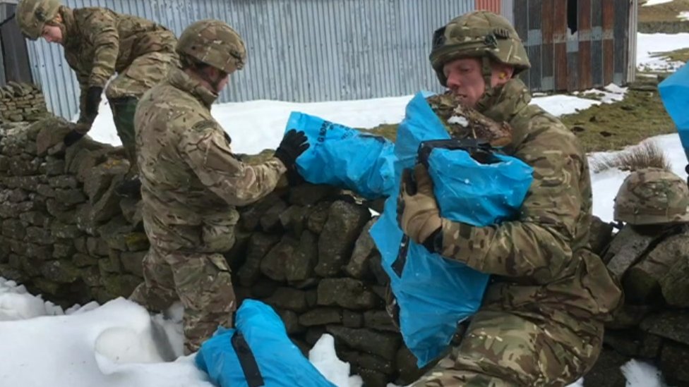 Припасы, включая бревна, несут армейские солдаты на высадке недалеко от Киркби Стивен